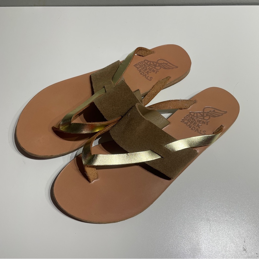Ancient Greek Sandals 9 Gold Tan  Slide Sandals